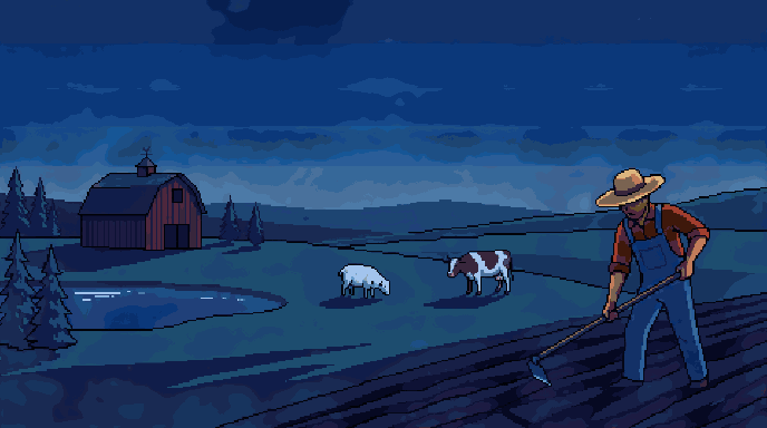 Bit Farm: a farmer working a field at dusk, with a barn and grazing animals beyond
