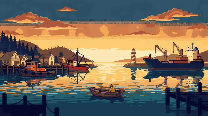 Bit Harbor: a patched skiff sails toward a coastal village, a working tug and a huge freighter